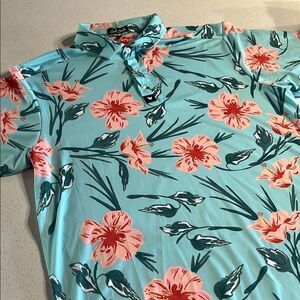 Bad Birdie Aqua Floral Stretch Polo Shirt Size XL
